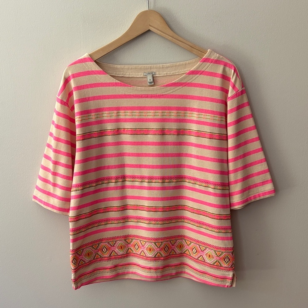 J Crew Stitchwork Stripe Top Beige Neon Pink Size Medium